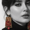 Red handmade portrait earrings for girls, unique artistic fashion statement jewelry