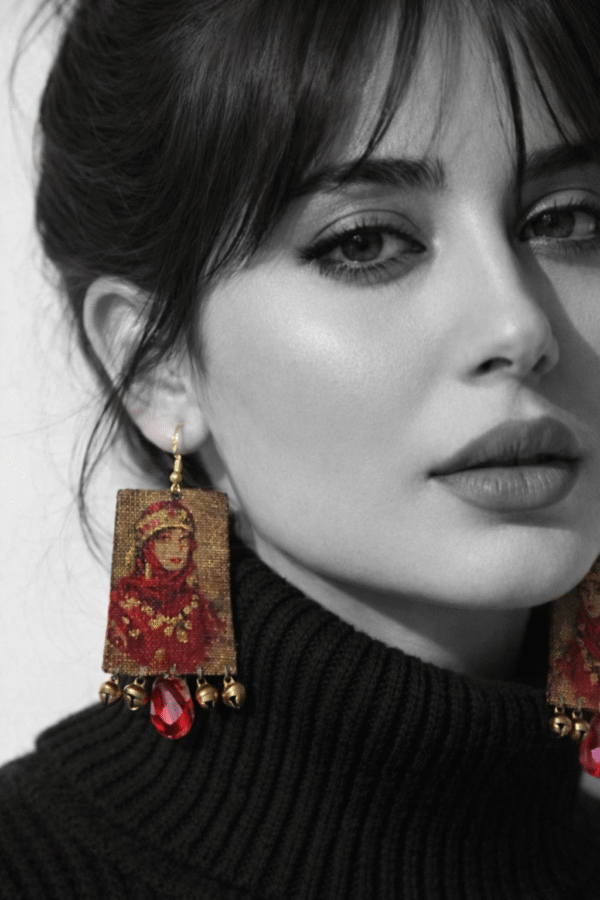 Red handmade portrait earrings for girls, unique artistic fashion statement jewelry