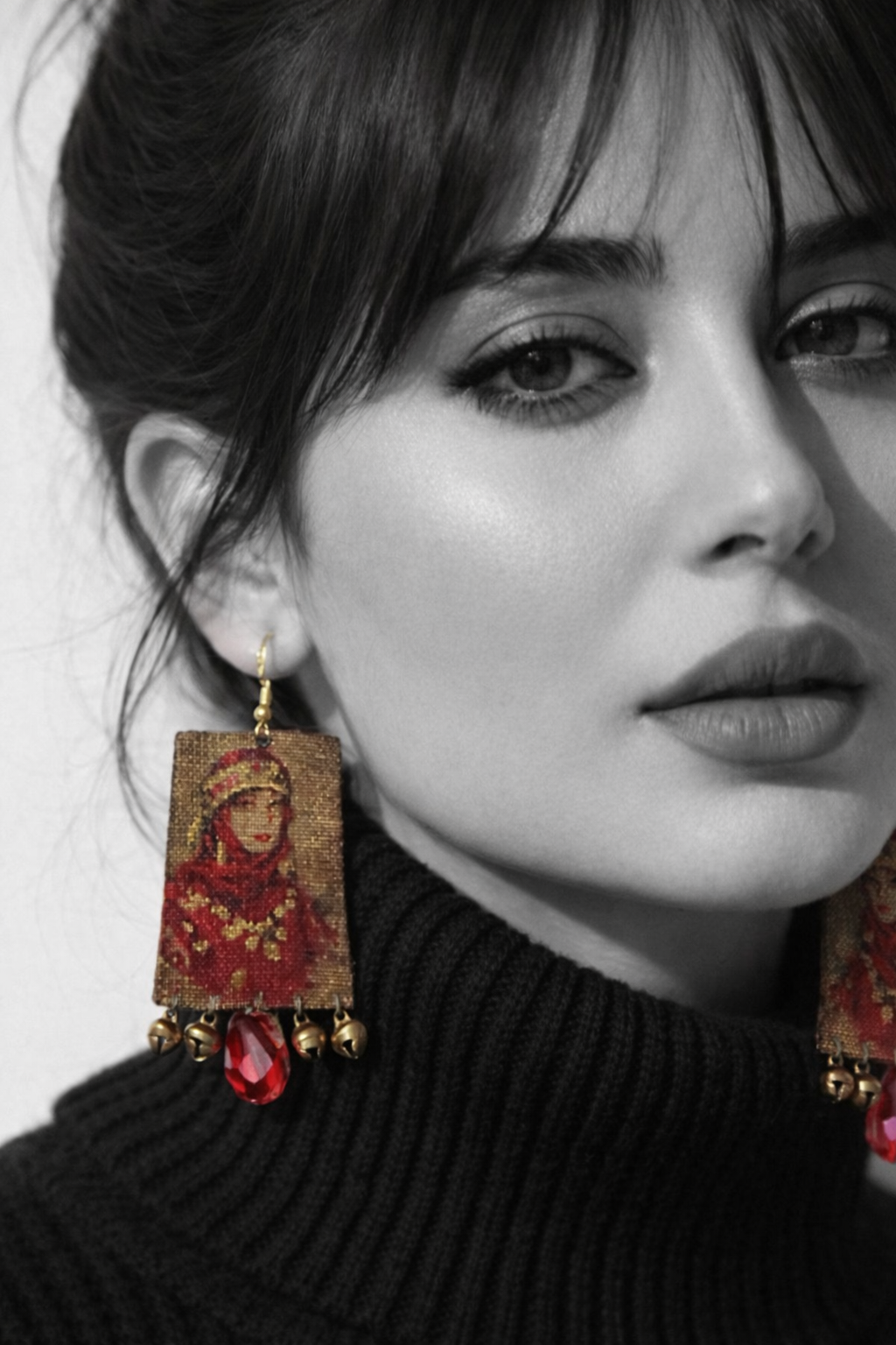 Red handmade portrait earrings for girls, unique artistic fashion statement jewelry