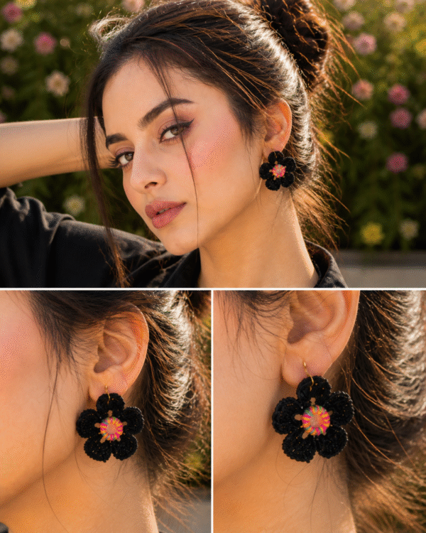 Black choker necklace set for girls with floral handmade design and matching earrings for trendy fashion styling earring closeup