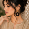 Black handmade flower earrings for girls with artistic colorful center detailing and lightweight statement jewelry design