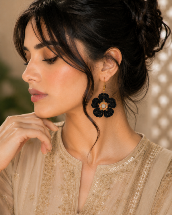 Black handmade flower earrings for girls with artistic colorful center detailing and lightweight statement jewelry design