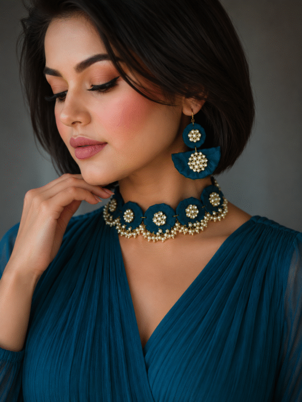 Woman wearing blue floral handmade choker necklace set with matching earrings and pearl detailing