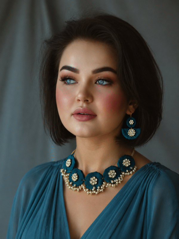 Woman wearing blue floral handmade choker necklace set with matching earrings and pearl detailing main