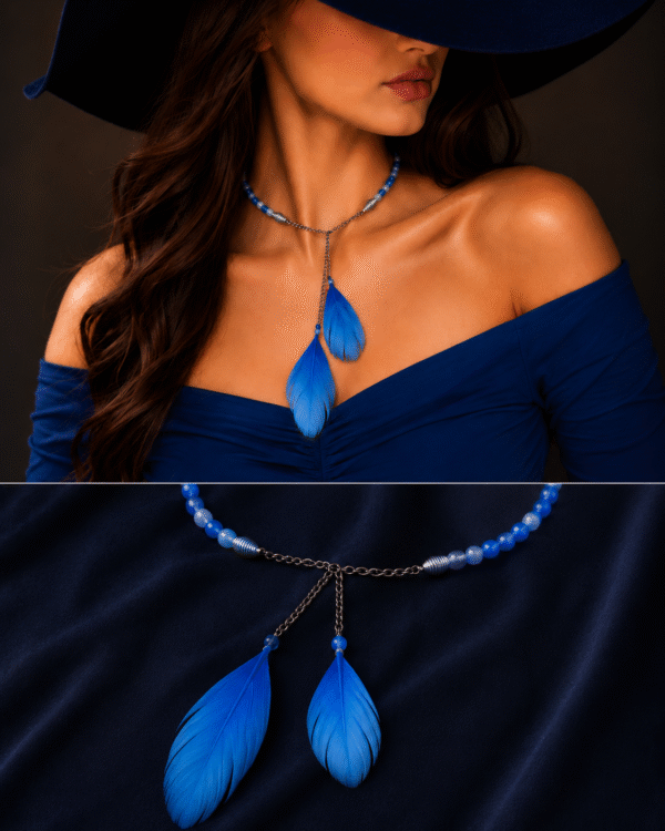 Woman wearing blue feather choker necklace set with stylish modern fashion look and wide hat closeup