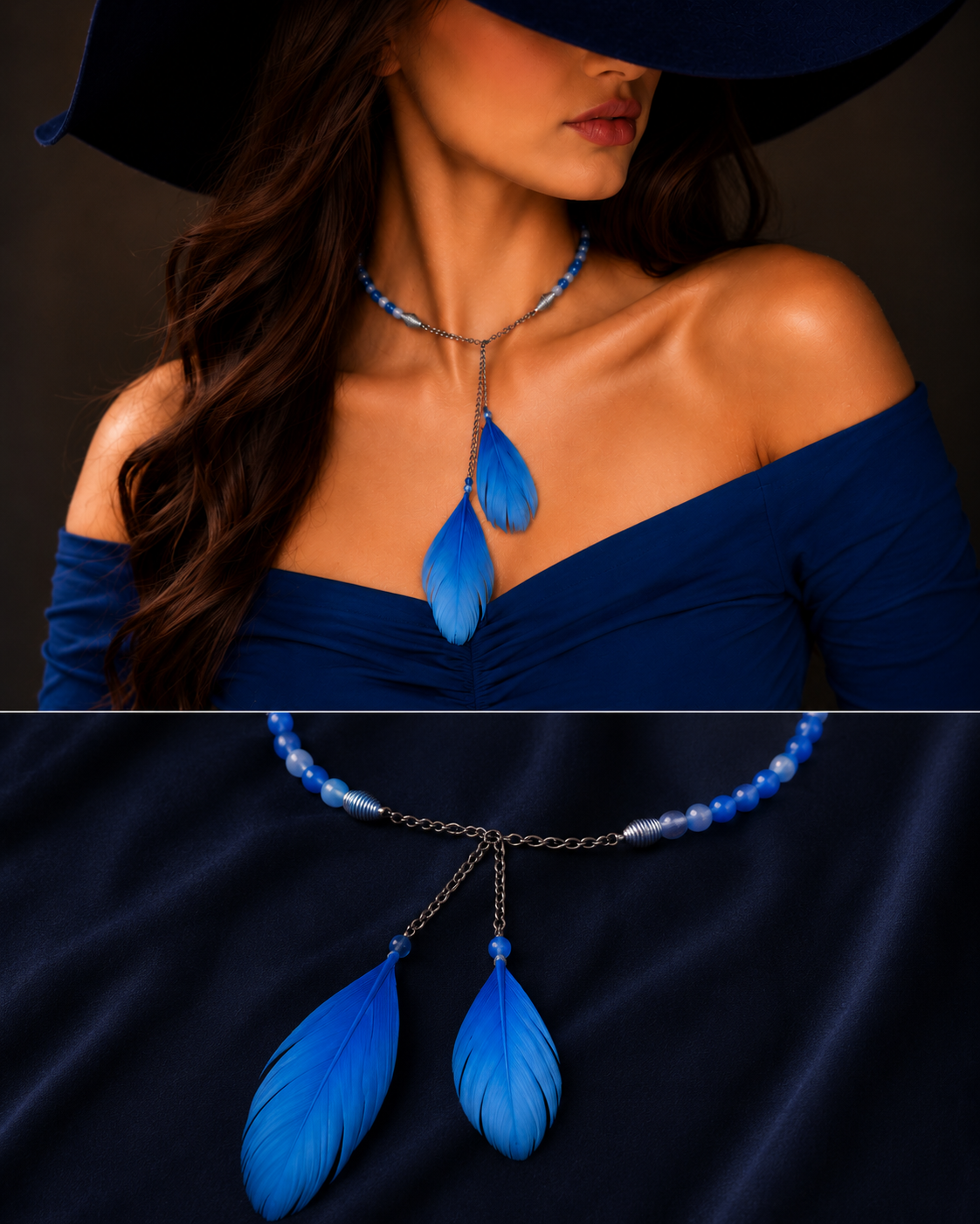 Woman wearing blue feather choker necklace set with stylish modern fashion look and wide hat closeup