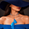 Woman wearing blue feather choker necklace set with stylish modern fashion look and wide hat main