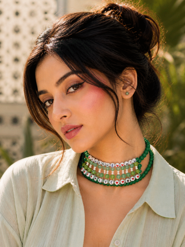 Green choker necklace set for girls with handmade layered design and trendy fashion jewelry style closuep