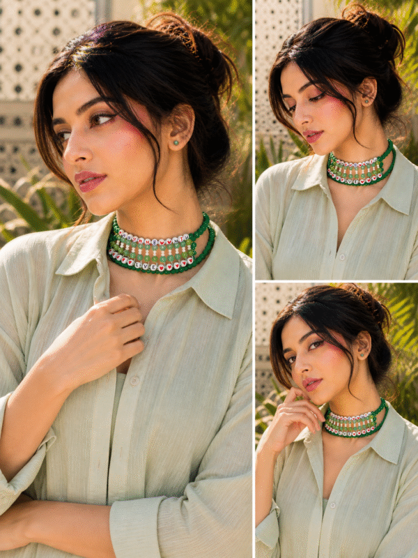 Green choker necklace set for girls with handmade layered design and trendy fashion jewelry style main