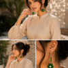 Woman wearing green safety pin earrings main