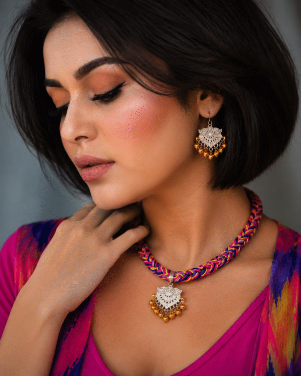 Multicolor handmade necklace set closeup for women with matching earrings