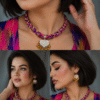 Multicolor handmade necklace set sideview for women with matching earrings, artistic fashion jewelry online