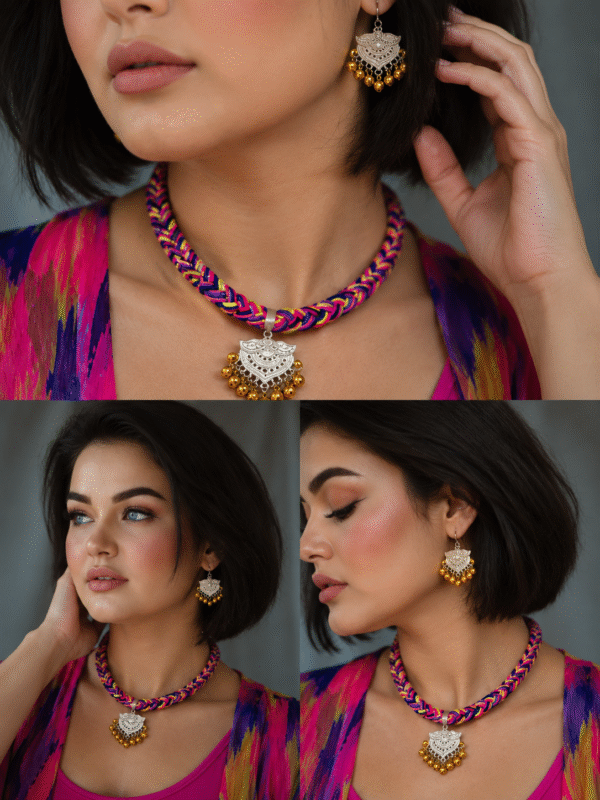 Multicolor handmade necklace set sideview for women with matching earrings, artistic fashion jewelry online