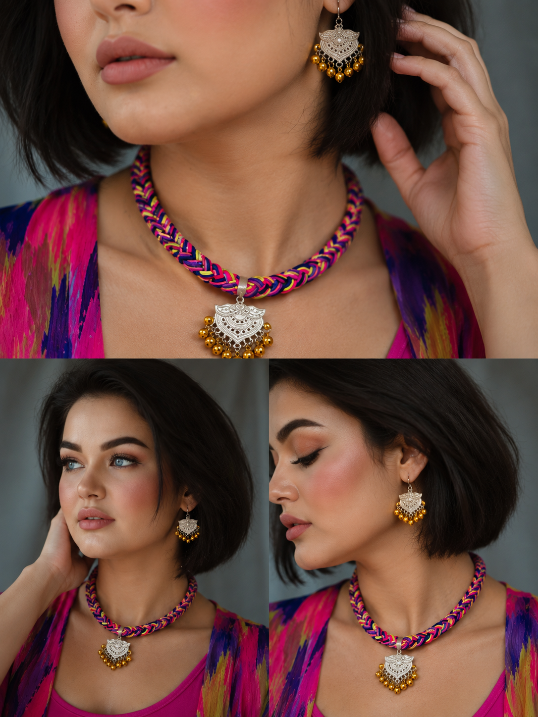 Multicolor handmade necklace set sideview for women with matching earrings, artistic fashion jewelry online