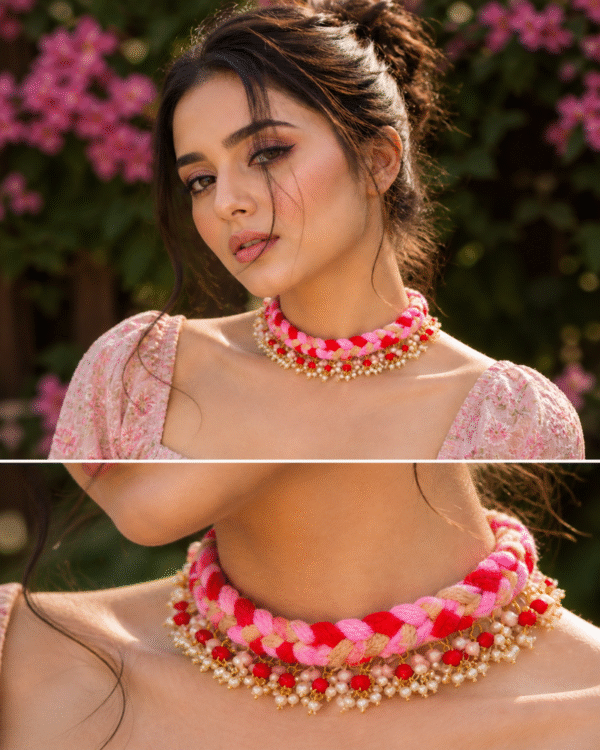 Pink handmade choker necklace set for women with bead detailing and trendy fashion jewelry style closeup