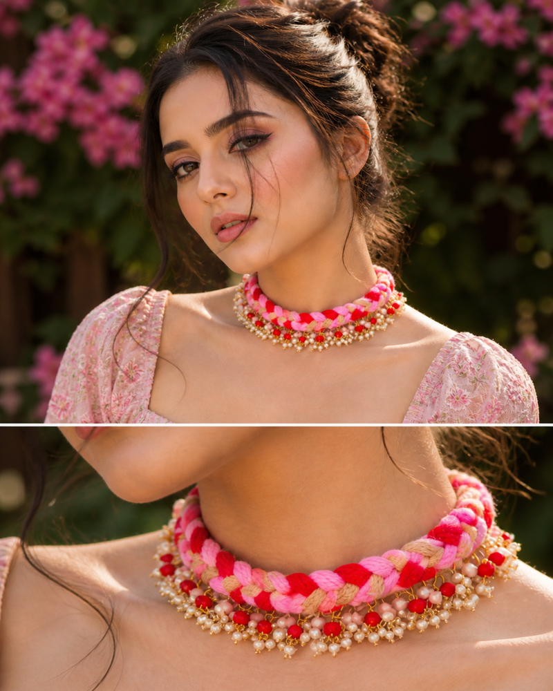 Pink handmade choker necklace set for women with bead detailing and trendy fashion jewelry style closeup