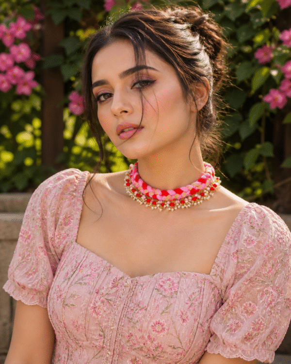 Pink handmade choker necklace set for women with bead detailing and trendy fashion jewelry style main