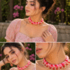 Pink handmade choker necklace set for women with bead detailing and trendy fashion jewelry style sideview
