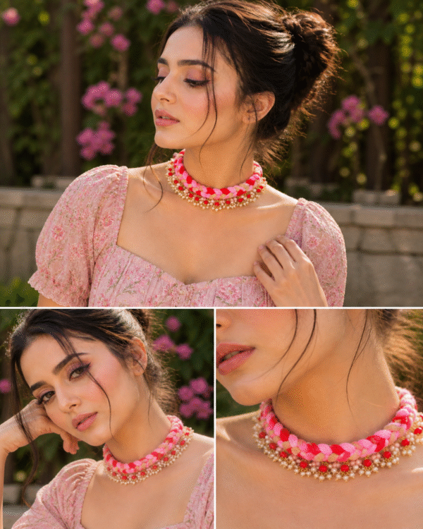Pink handmade choker necklace set for women with bead detailing and trendy fashion jewelry style sideview