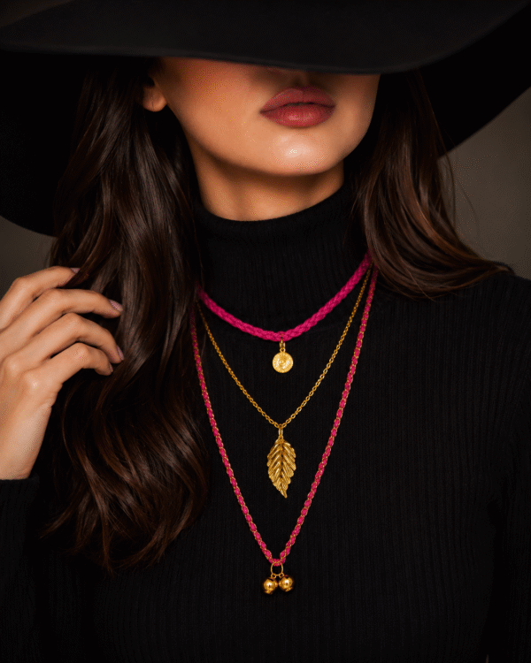 Pink layered handmade necklace set for women, trendy fashion jewelry online closeup