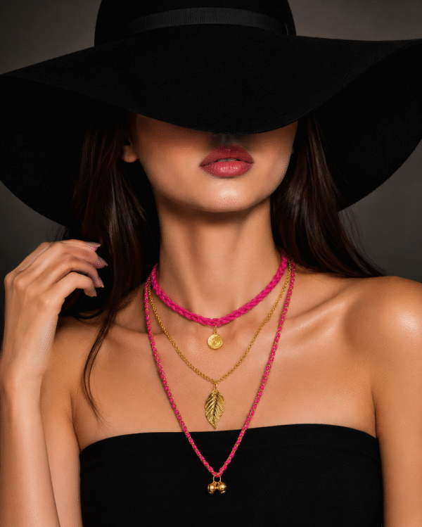 Pink layered handmade necklace set for women, trendy fashion jewelry online frontview