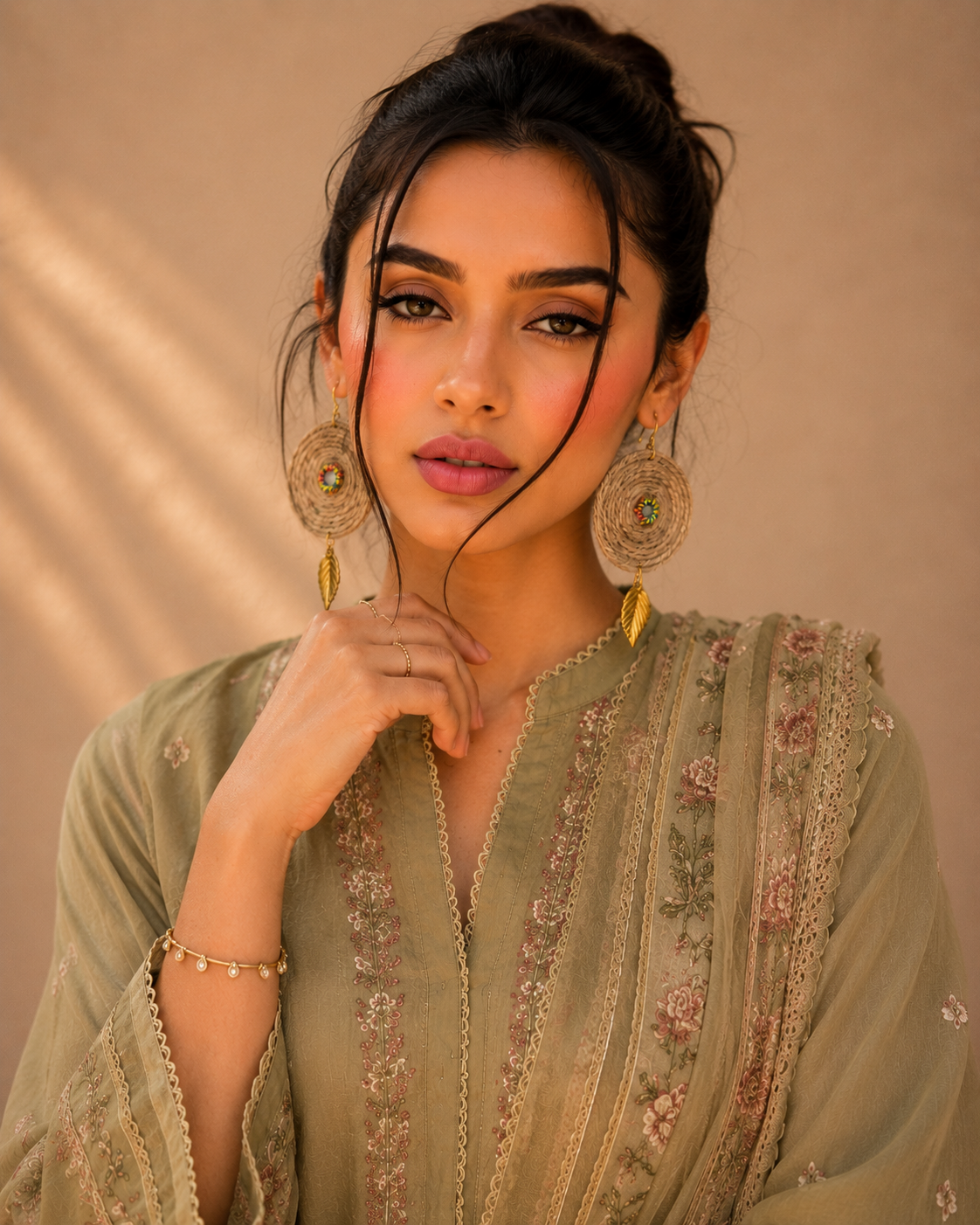 Handmade boho jute earrings with gold leaf charm front view