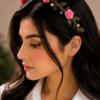 Handmade floral hair band with colorful rose flowers, green leaves, and pearl embellishments for women and girls by GALORIA, perfect for weddings, parties, and festive wear.