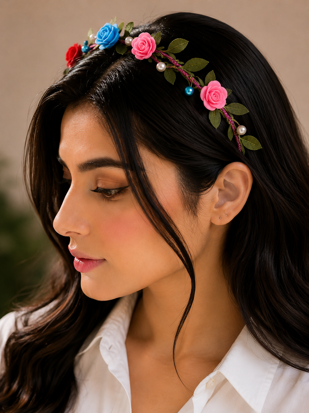 Handmade floral hair band with colorful rose flowers, green leaves, and pearl embellishments for women and girls by GALORIA, perfect for weddings, parties, and festive wear.