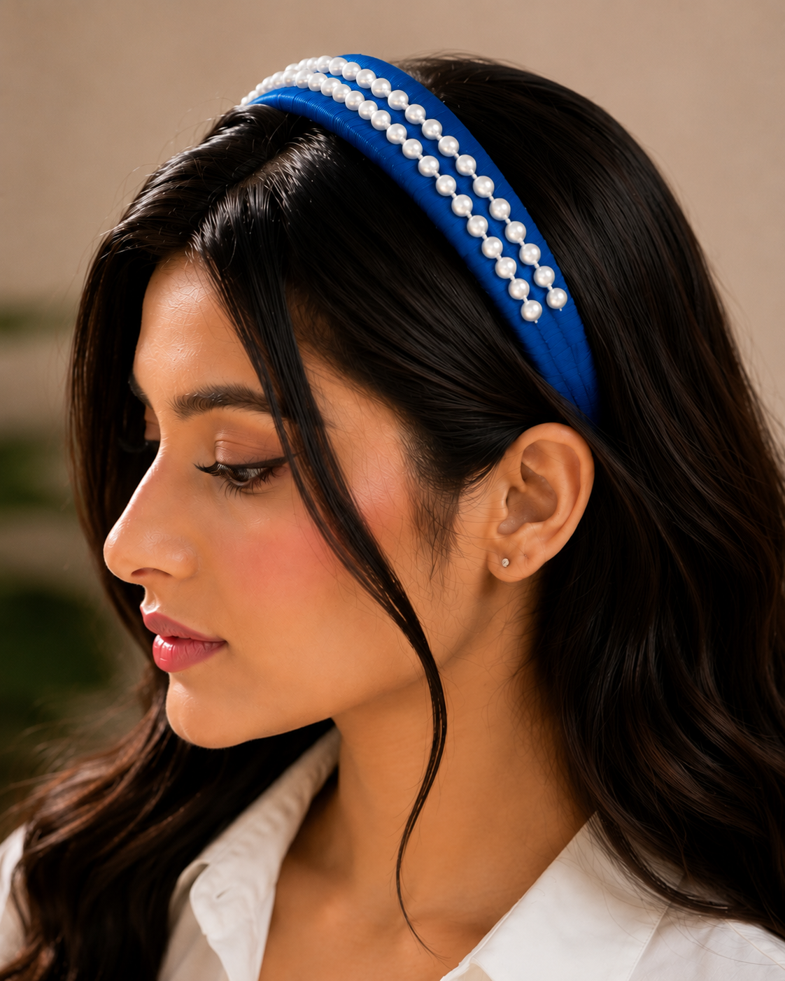 Elegant blue handmade hair band with double pearl detailing for women and girls by GALORIA, perfect for casual, party, office, and wedding wear.