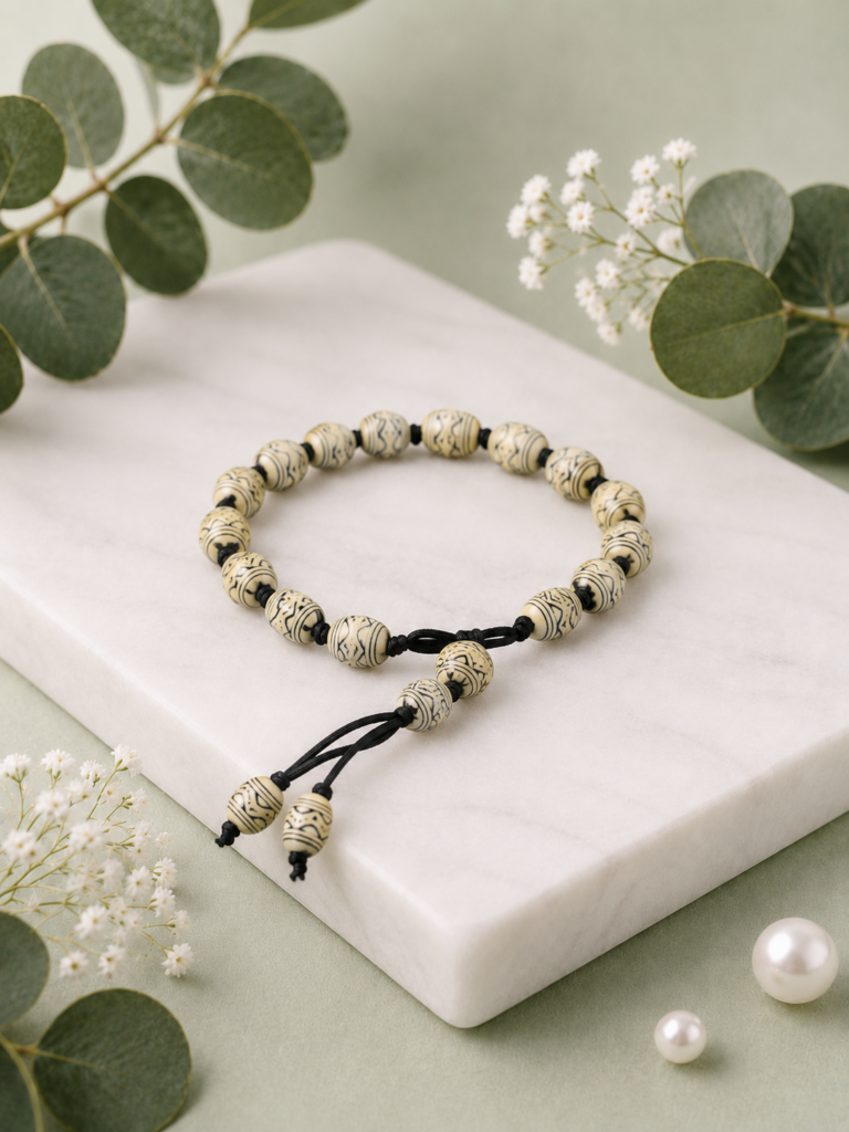 Handmade beige adjustable beaded bracelet with premium patterned beads for women.