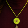 Handmade lime green chain pendant for women with braided centerpiece, gold leaf charm