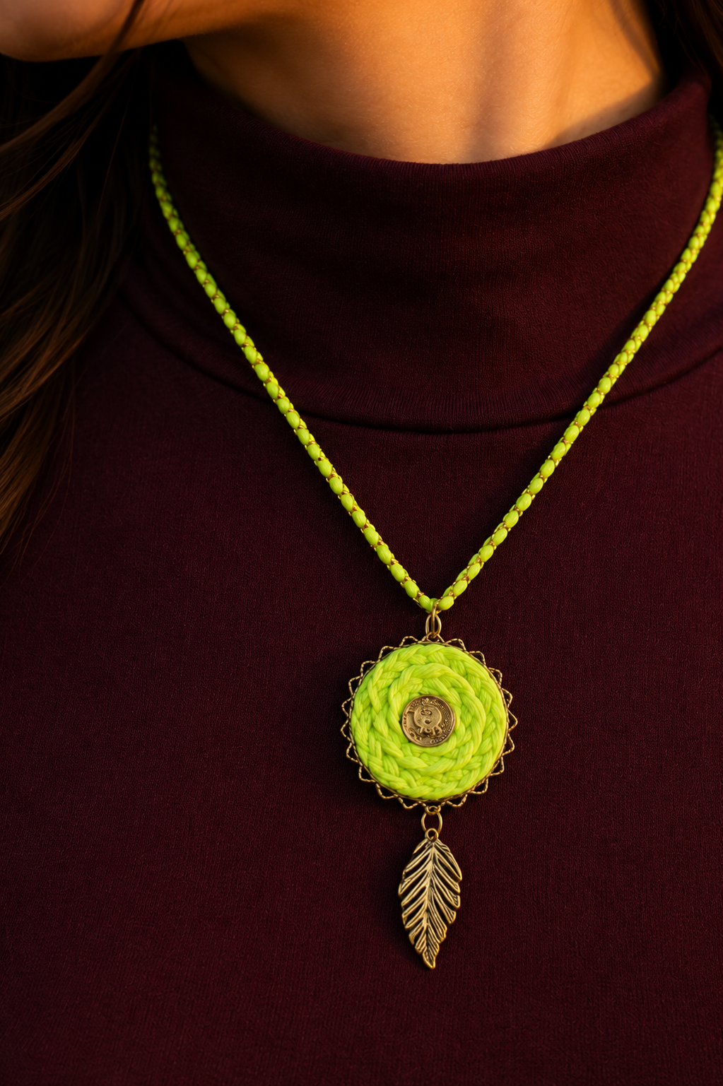 Handmade lime green chain pendant for women with braided centerpiece, gold leaf charm