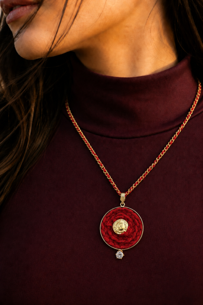Handmade red chain pendant for women with braided thread design, gold-tone centerpiece