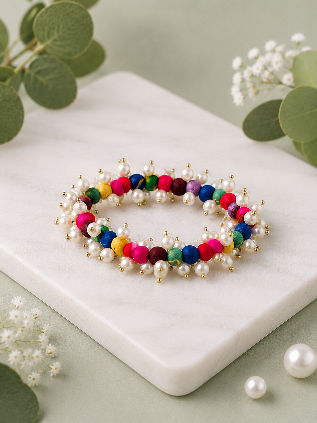 Handmade colorful pearl beaded bracelet with multicolor fabric beads and pearl accents for women by GALORIA.