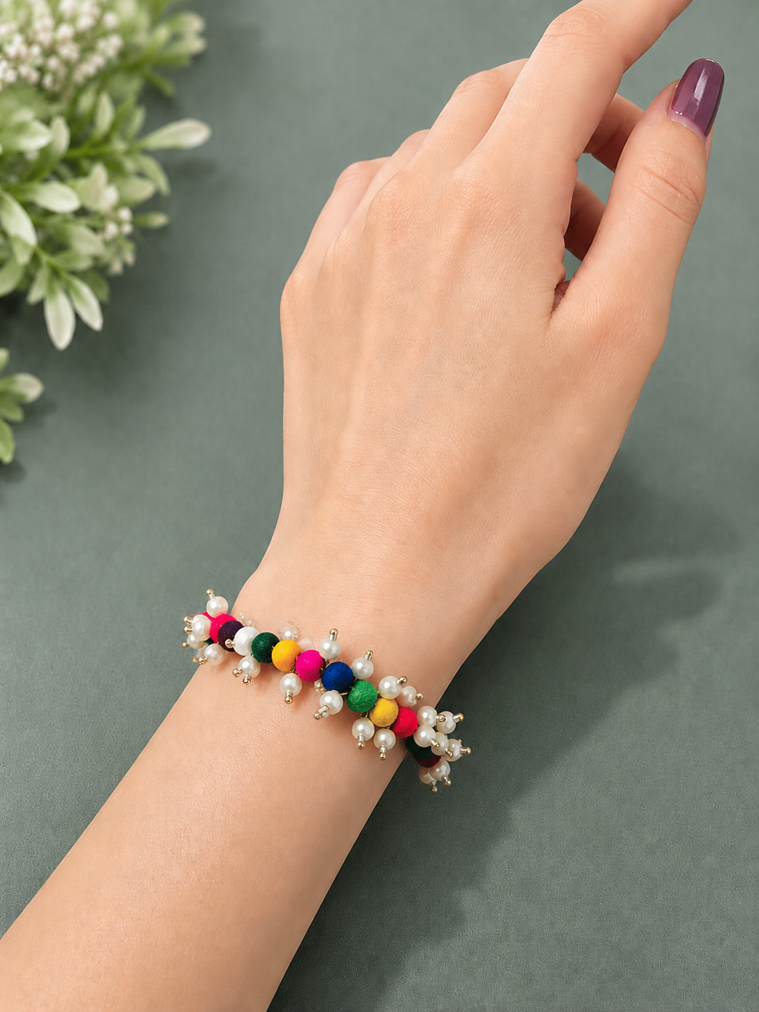 Handmade colorful pearl beaded bracelet with multicolor fabric beads and pearl accents for women by GALORIA.