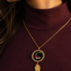 Handmade floral embroidered initial pendant necklace with gold leaf charm