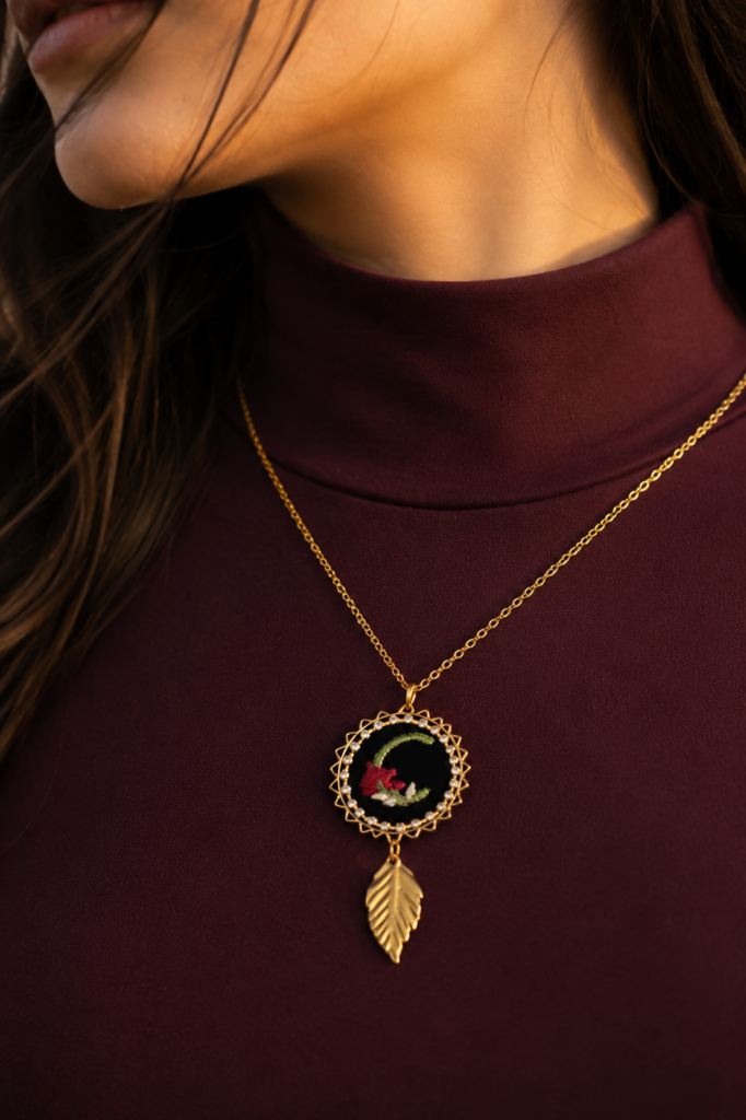 Handmade floral embroidered initial pendant necklace with gold leaf charm