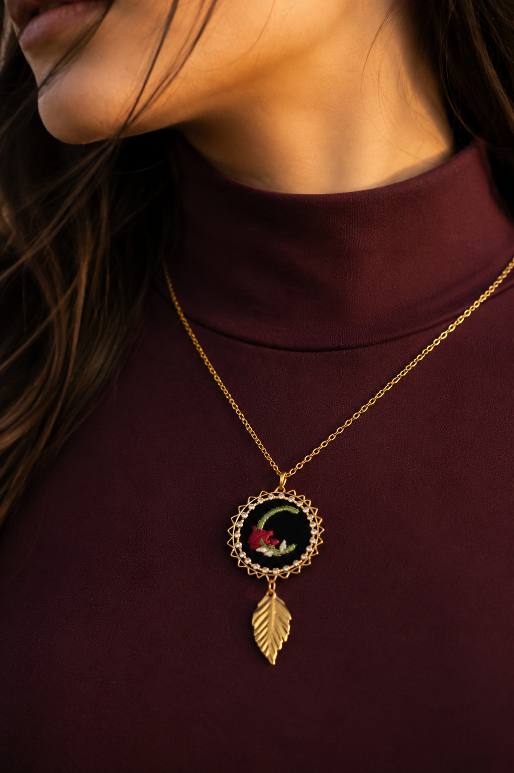 Handmade floral embroidered initial pendant necklace with gold leaf charm