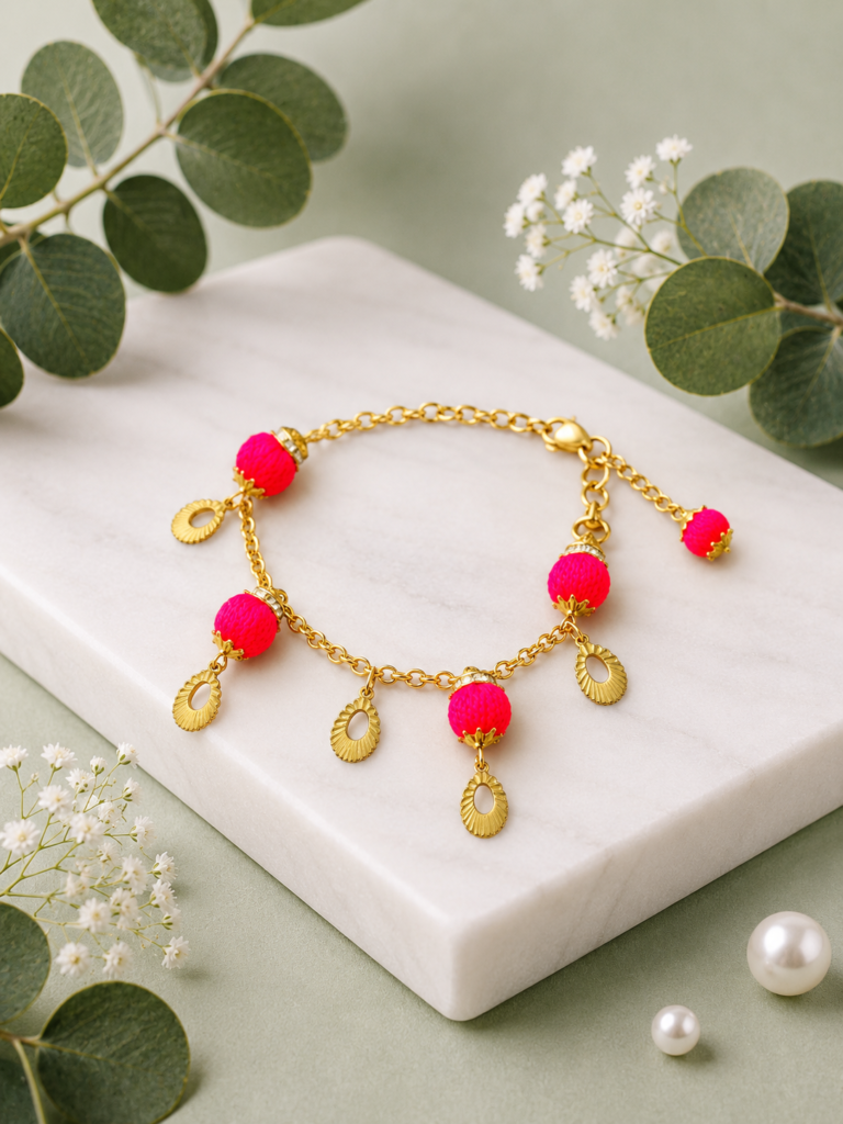 Handmade pink charm bracelet with gold chain and decorative charms for women.