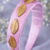 Handmade pink ribbon hair band with gold leaf embellishments for women and girls by GALORIA, perfect for casual, party, wedding and festive wear.