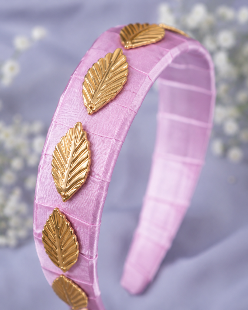 Handmade pink ribbon hair band with gold leaf embellishments for women and girls by GALORIA, perfect for casual, party, wedding and festive wear.